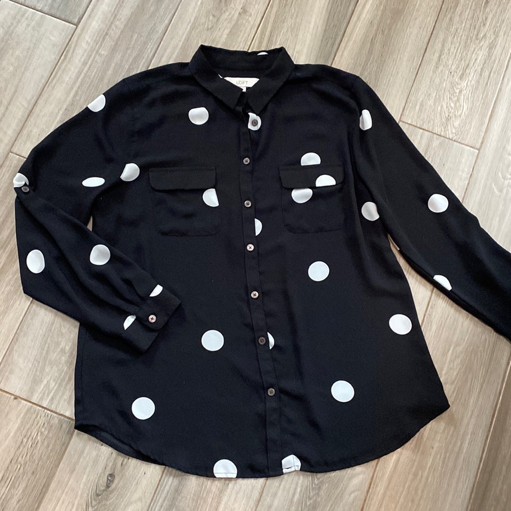 LOFT Black Button-Up Blouse with White Polka Dots